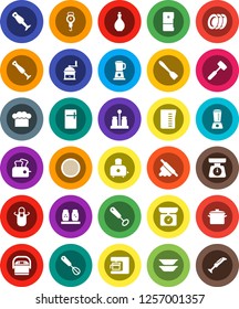 White Solid Icon Set- plates vector, pan, oil, measuring cup, scales, cook hat, apron, whisk, spatula, rolling pin, meat hammer, hand mill, toaster, spices, blender, sieve, fridge, coffee maker