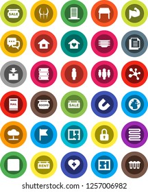 White Solid Icon Set- plates vector, towel, book, magnet, flag, man, muscule hand, buttocks, molecule, heart cross, earth, document, package, dialog, forward button, cloud network, house, mailbox