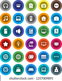 White Solid Icon Set- plates vector, kettle, scales, case, table lamp, calculator, notebook pc, music, annual report, skateboard, calendar, dry cargo, camera, speaker, internet, headphones, monitor