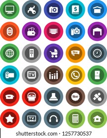 White Solid Icon Set- plates vector, annual report, calculator, clock, stadium, satellite, dry cargo, equalizer, tv, video camera, headphones, globe, barn, phone, star, new, baby stroller, fridge