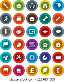 White Solid Icon Set- plates vector, toilet paper, towel, ladle, ruler, magnet, scissors, flag, leaf, clock, tie, pound, shorts, molecule, bone, run, earth, heart, eye, house, plan, table, love home