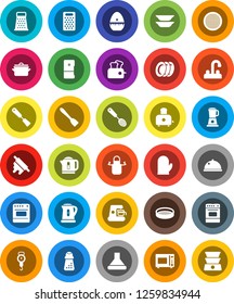 White Solid Icon Set- plates vector, water tap, pan, kettle, scales, apron, cook glove, timer, skimmer, spatula, rolling pin, hand mill, grater, toaster, microwave oven, sieve, dish, fridge, hood