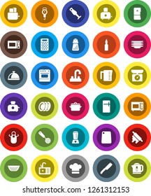White Solid Icon Set- plates vector, sink, water tap, pan, colander, measuring cup, scales, cook hat, apron, skimmer, knife, rolling pin, cutting board, hand mill, grater, toaster, microwave oven