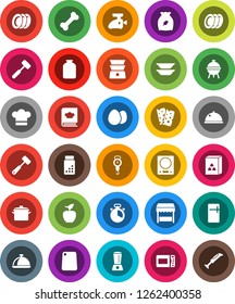 White Solid Icon Set- plates vector, pan, scales, cook hat, timer, meat hammer, cutting board, double boiler, cookbook, bbq, dish, jar, cereal, egg, apple fruit, pills vial, breads, bone, market