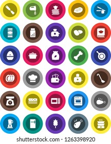 White Solid Icon Set- plates vector, pan, scales, cook hat, timer, press, spatula, ladle, mixer, toaster, cookbook, cereal, pasta, potato, steak, chicken leg, pills vial, breads, bone, fridge