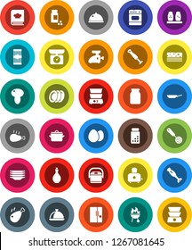White Solid Icon Set- plates vector, pan, oil, skimmer, toaster, double boiler, cookbook, spices, blender, bbq, dish, jar, egg, pasta, mushroom, chicken leg, pills vial, breads, fridge, meat grinder