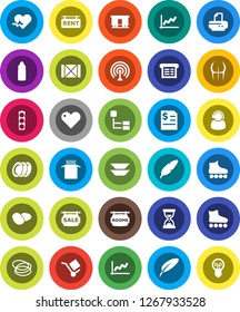 White Solid Icon Set- plates vector, pasta, potato, pen, graph, annual report, sand clock, buttocks, roller Skates, water bottle, hoop, traffic light, wood box, cargo, Railway carriage, antenna