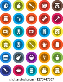 White Solid Icon Set- plates vector, pan, camping cauldron, scales, apron, cook timer, press, spatula, ladle, meat hammer, grater, toaster, microwave oven, double boiler, blender, jar, pasta, market