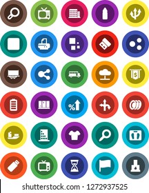 White Solid Icon Set- plates vector, shining window, school bus, flag, magnifier, percent growth, sand clock, dollar, scales, t shirt, water bottle, route, ship, truck trailer, tv, battery, share