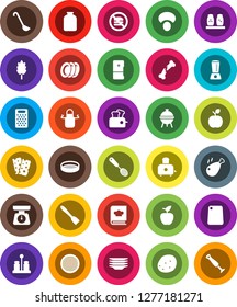 White Solid Icon Set- plates vector, scales, apron, skimmer, spatula, ladle, cutting board, grater, toaster, cookbook, spices, bbq, sieve, jar, cereal, mushroom, potato, chicken leg, apple fruit
