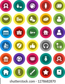 White Solid Icon Set- plates vector, colander, steak, pen, university, school building, student, medal, man, calendar, port, no hook, headphones, finger up, connection, shield, home, hierarchy, user