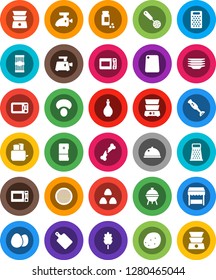 White Solid Icon Set- plates vector, oil, skimmer, cutting board, grater, toaster, microwave oven, double boiler, blender, bbq, sieve, dish, cereal, egg, pasta, mushroom, potato, pills vial, market