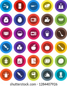 White Solid Icon Set- plates vector, camping cauldron, pan, colander, apron, cook press, spatula, ladle, mixer, spices, blender, dish, cereal, egg, potato, steak, diet, cereals, fridge, meat grinder
