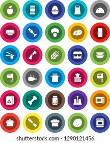 White Solid Icon Set- plates vector, pan, cook hat, timer, press, spatula, grater, mixer, microwave oven, cookbook, spices, blender, dish, cereal, pasta, mushroom, potato, steak, chicken leg, bone