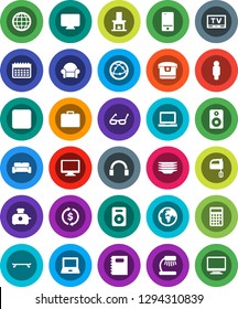 White Solid Icon Set- plates vector, mixer, copybook, glasses, table lamp, notebook pc, exchange, case, calculator, man, skateboard, calendar, earth, tv, internet, mobile phone, headphones, monitor