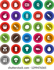 White Solid Icon Set- plates vector, pan, scales, cook glove, skimmer, spatula, ladle, oven, blender, bbq, cereal, egg, pasta, mushroom, potato, apple fruit, diet, pills vial, bone, broken, fridge