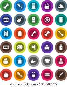 White Solid Icon Set- plates vector, camping cauldron, cook hat, spatula, ladle, grater, mixer, toaster, microwave oven, cookbook, blender, dish, jar, pasta, chicken leg, diet, pills vial, bone