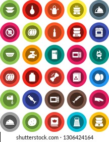 White Solid Icon Set- plates vector, oil, colander, apron, cook glove, grater, mixer, microwave oven, double boiler, cookbook, blender, bbq, dish, jar, cereal, egg, potato, no fastfood, broken bone