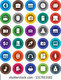 White Solid Icon Set- plates vector, kettle, notebook pc, music, exchange, case, clock, man, calendar, stadium, earth, camera, video, headphones, backward button, hdmi, office building, fridge, hood