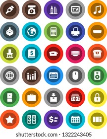 White Solid Icon Set- plates vector, scales, music, world, exchange, case, annual report, calculator, calendar, stadium, earth, package, equalizer, tv, video camera, speaker, hdmi, office building
