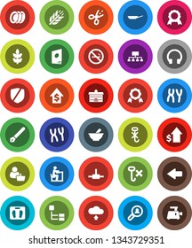 White Solid Icon Set- plates vector, pan, pen, university, student, medal, dollar growth, hierarchy, scales, cereals, no smoking, hook, protected, headphones, mortar, chromosomes, connect, arrow