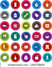 White Solid Icon Set- plates vector, pan, camping cauldron, oil, colander, cook hat, apron, glove, timer, cutting board, mixer, double boiler, blender, dish, cereal, potato, diet, pills vial, bone