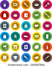White Solid Icon Set- plates vector, pan, camping cauldron, colander, cook hat, glove, press, skimmer, ladle, meat hammer, mixer, toaster, microwave oven, blender, bbq, sieve, jar, pasta, potato