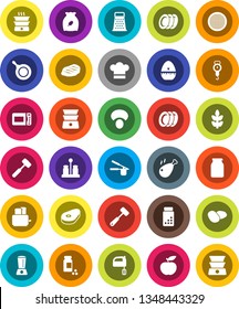 White Solid Icon Set- plates vector, pan, scales, cook hat, timer, press, meat hammer, grater, mixer, toaster, double boiler, spices, sieve, jar, cereal, mushroom, potato, steak, chicken leg, diet