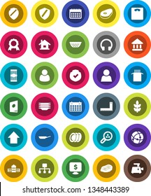 White Solid Icon Set- plates vector, pan, colander, pasta, steak, school building, corner ruler, medal, university, arrow up, monitor dollar, scales, calendar, cereals, protected, headphones, shield