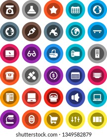 White Solid Icon Set- plates vector, scales, glasses, table lamp, notebook pc, world, exchange, calendar, skateboard, stadium, earth, satellite, speaker, settings, hdmi, cart, star, hood, phone