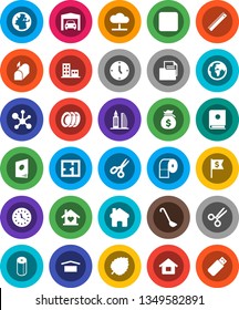 White Solid Icon Set- plates vector, toilet paper, ladle, ruler, scissors, molecule, leaf, money bag, clock, dollar flag, earth, document, dry cargo, forward button, cloud network, home, house, plan