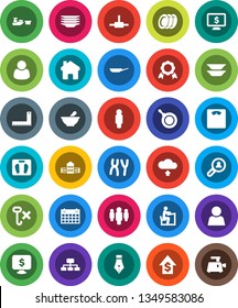 White Solid Icon Set- plates vector, pan, pen, school building, corner ruler, student, medal, dollar growth, man, hierarchy, monitor, scales, calendar, port, no hook, mortar, chromosomes, connect