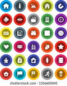 White Solid Icon Set- plates vector, book, magnet, flag, man, dollar, tie, shorts, run, clock, document, flammable, forward button, heart cross, eye, home, house, mountain, rent signboard, smart