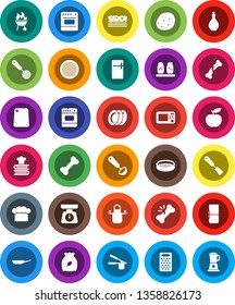 White Solid Icon Set- plates vector, pan, oil, scales, cook hat, apron, press, skimmer, spatula, ladle, cutting board, grater, cookbook, spices, bbq, sieve, cereal, potato, diet, breads, bone