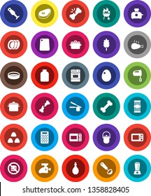 White Solid Icon Set- plates vector, pan, camping cauldron, oil, cook press, ladle, cutting board, grater, mixer, oven, blender, bbq, sieve, jar, cereal, egg, pasta, steak, chicken leg, no fastfood