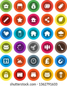 White Solid Icon Set- plates vector, toilet paper, ladle, ruler, magnet, leaf, money bag, clock, man, pound, shorts, molecule, heart cross, scissors, cloud network, home, loading, house, mountain