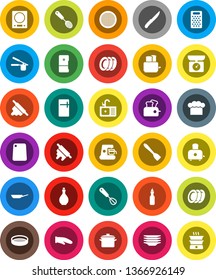 White Solid Icon Set- plates vector, sink, pan, oil, cook hat, glove, press, whisk, skimmer, spatula, knife, rolling pin, cutting board, grater, toaster, sieve, fridge, coffee maker, kitchen scales