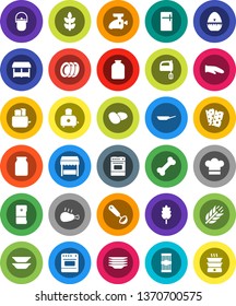 White Solid Icon Set- plates vector, camping cauldron, pan, cook hat, glove, timer, ladle, mixer, toaster, oven, jar, cereal, pasta, potato, chicken leg, cereals, breads, bone, market, fridge