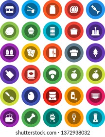 White Solid Icon Set- plates vector, pan, scales, cook hat, press, skimmer, cutting board, double boiler, cookbook, spices, blender, bbq, jar, cereal, egg, pasta, mushroom, potato, apple fruit, bone