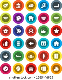 White Solid Icon Set- plates vector, pan, kettle, colander, measuring cup, pasta, steak, university, school building, corner ruler, medal, dollar growth, man, scales, port, protected, mortar, shield
