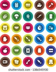 White Solid Icon Set- plates vector, colander, cook glove, timer, press, skimmer, ladle, meat hammer, grater, microwave oven, blender, bbq, jar, mushroom, diet, cereals, breads, broken bone, market