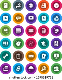 White Solid Icon Set- plates vector, water closet, kettle, towel, mixer, table lamp, alarm clock, personal information, credit card, investment, annual report, money search, monitor dollar, heart