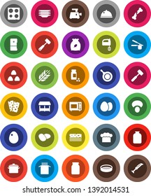 White Solid Icon Set- plates vector, pan, cook hat, press, meat hammer, mixer, microwave oven, sieve, dish, jar, cereal, egg, pasta, mushroom, potato, pills vial, cereals, breads, broken bone