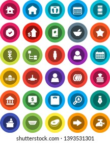 White Solid Icon Set- plates vector, colander, cookbook, pasta, steak, pen, school building, student, university, dollar growth, man, calendar, monitor, scales, no hook, protected, mortar, connect