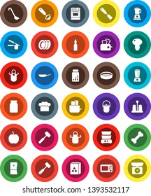 White Solid Icon Set- plates vector, camping cauldron, pan, cook hat, apron, press, spatula, ladle, meat hammer, toaster, oven, double boiler, spices, sieve, jar, cereal, mushroom, oil, diet, bone