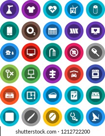 White Solid Icon Set- plunger vector, cleaner trolley, sponge, foam basin, toilet paper, shower, knife, t shirt, calendar, no fastfood, heart monitor, oxygen, signpost, hook, mobile phone, pulse