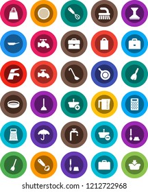 White Solid Icon Set- plunger vector, broom, water tap, fetlock, car, toilet brush, pan, measuring cup, whisk, ladle, grater, sieve, case, umbrella, supply, shopping bag, basket