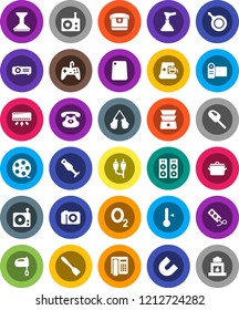 White Solid Icon Set- plunger vector, car fetlock, pan, spatula, cutting board, mixer, double boiler, blender, thermometer, magnet, boxing glove, oxygen, film spool, radio, classic phone, rca, video