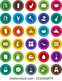 White Solid Icon Set- plunger vector, scraper, broom, vacuum cleaner, mop, scoop, clothespin, sponge, towel, trash bin, water drop, tap, splotch, welcome mat, iron, toilet, foam basin, liquid soap