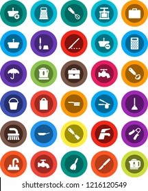 White Solid Icon Set- plunger vector, broom, water tap, fetlock, bucket, toilet brush, pan, cook press, whisk, spatula, ladle, grater, case, hand trainer, umbrella, scalpel, shopping bag, basket